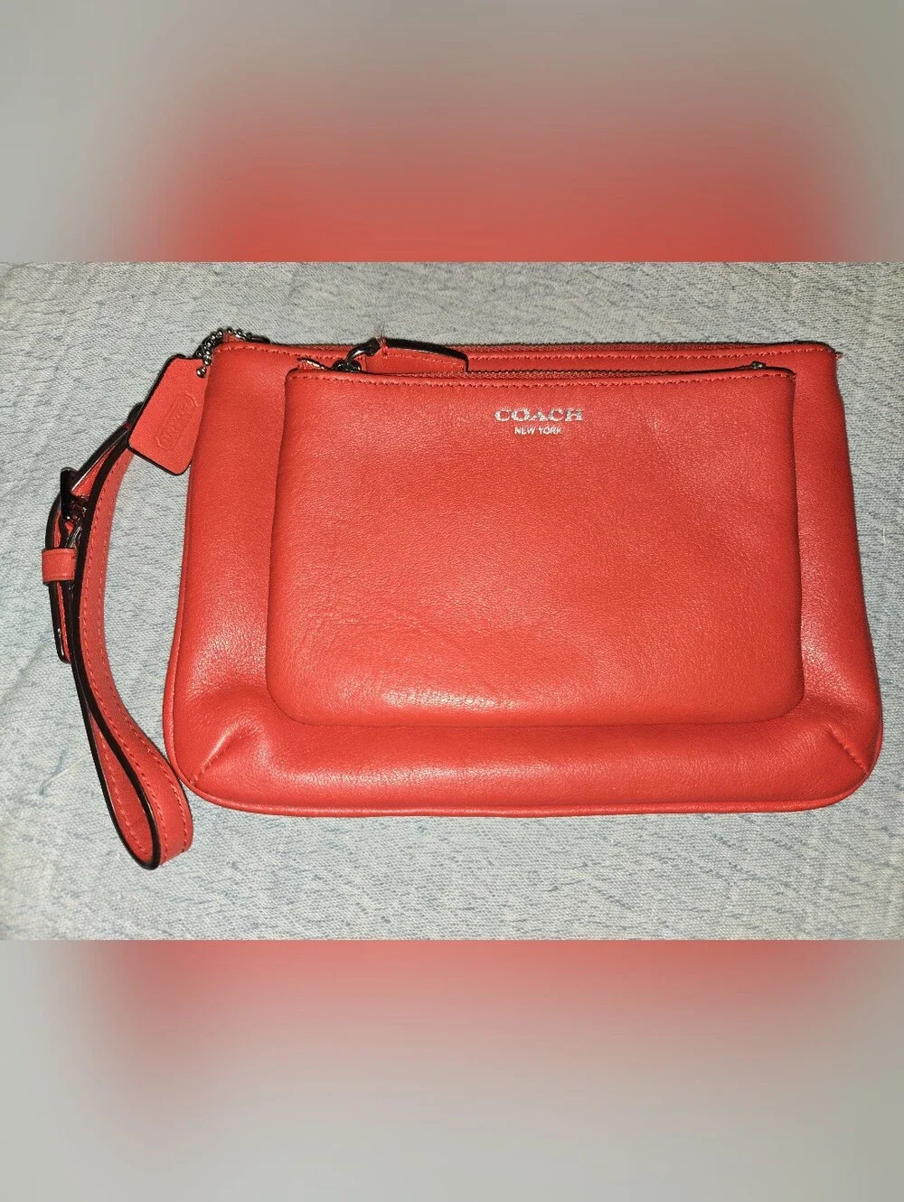 Coach Coral Red Leather Double Zip Wristlet